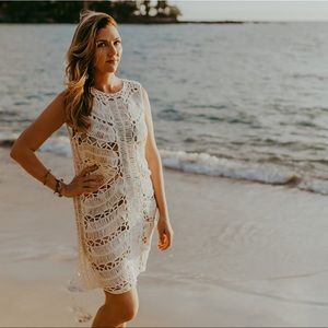 White Crochet Dress & Coverup with Melon Slip